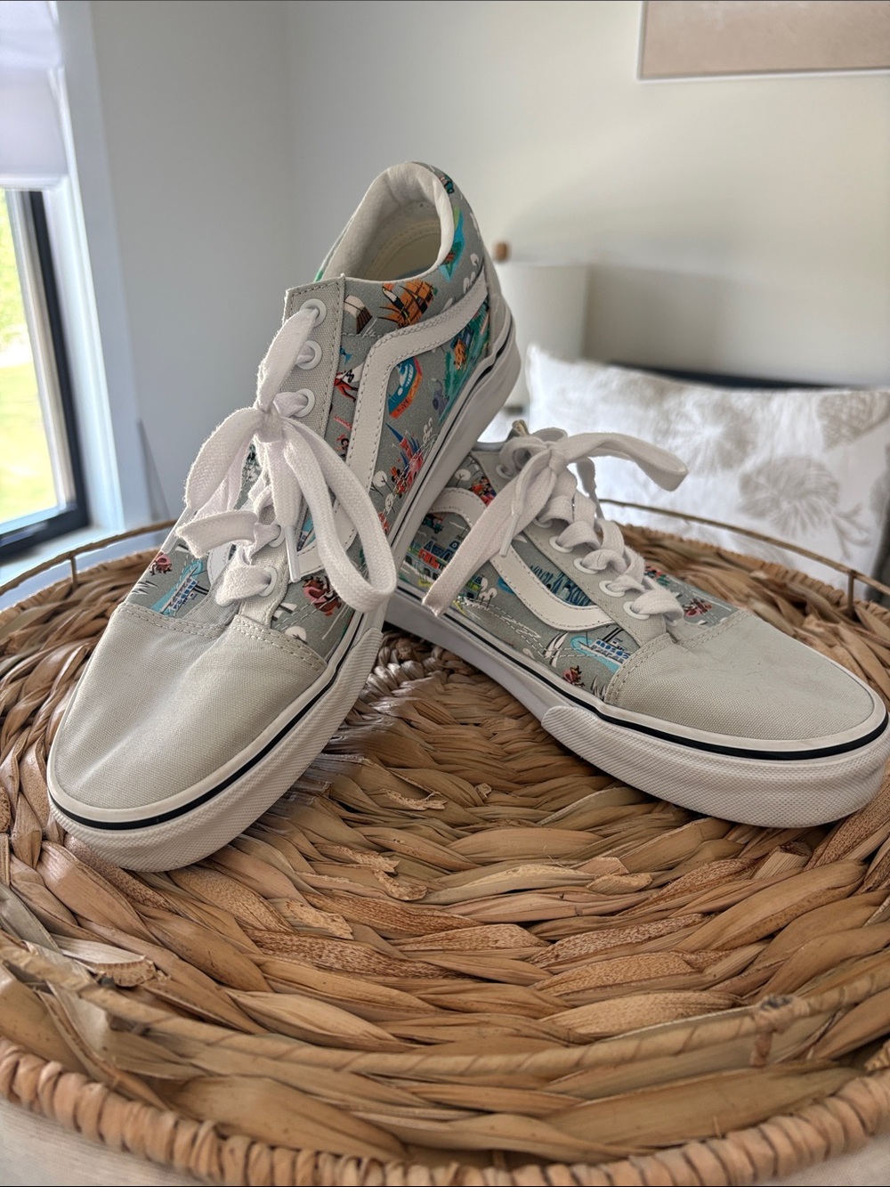 Disney Vans White Sneakers with Various Disney World Park Graphics